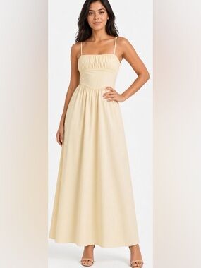Loft Pale Yellow Spaghetti Strap Gathered Bust Cotton Maxi Dress: Size 8